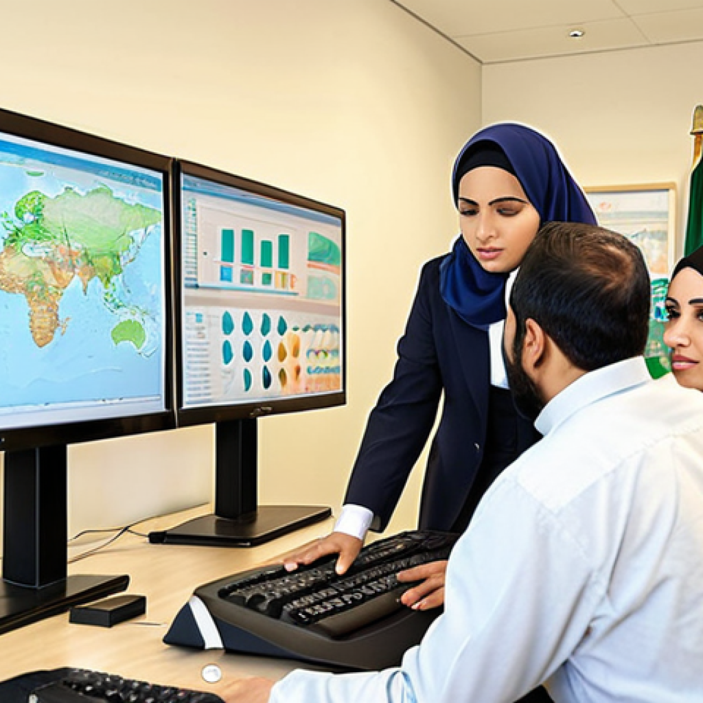 ** A group of environmental professionals (men and women in professional attire, some in hijab) in a modern office setting, reviewing data on a large screen displaying GIS (Geographic Information System) maps and environmental data charts. The atmosphere should be collaborative and focused. Arabic script can be subtly incorporated into the charts/maps for authenticity. The scene conveys the importance of technology and skilled professionals in environmental management.

**