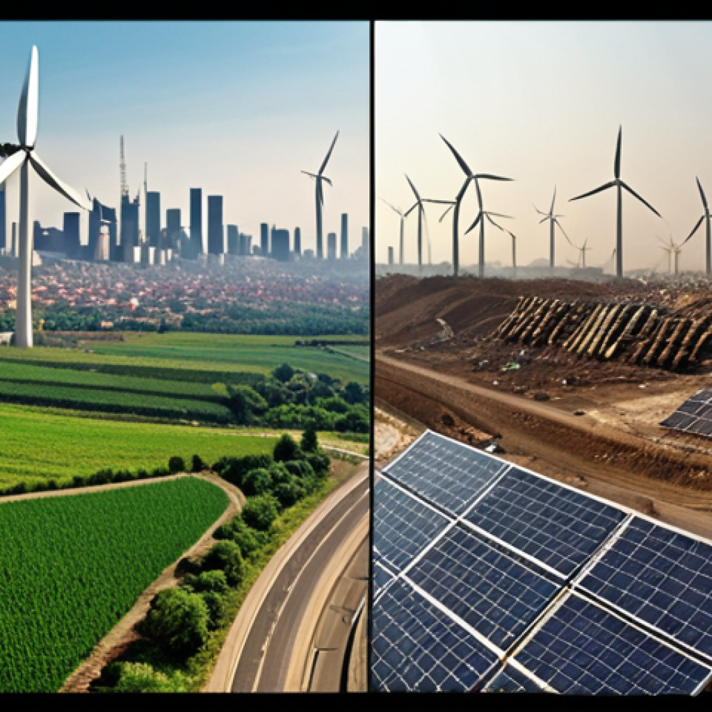 **Image Prompt:** A split image. On one side, a polluted city with smog and overflowing landfills. On the other, a clean city with solar panels, wind turbines, green spaces, and recycling initiatives. Shows the contrast between environmental degradation and sustainable practices.