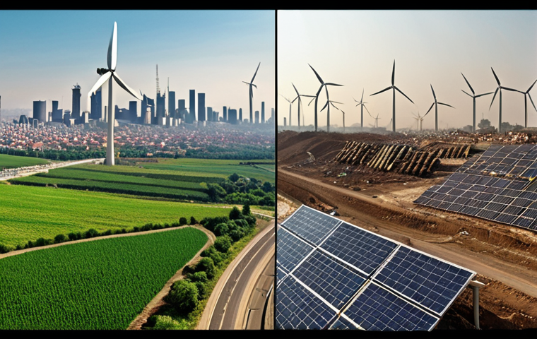 **Image Prompt:** A split image. On one side, a polluted city with smog and overflowing landfills. On the other, a clean city with solar panels, wind turbines, green spaces, and recycling initiatives. Shows the contrast between environmental degradation and sustainable practices.