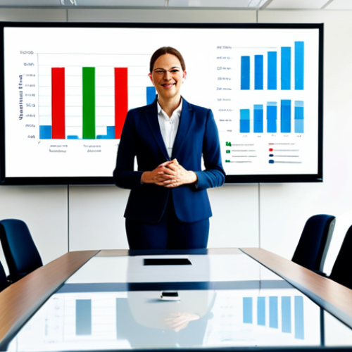A professional environmental manager, gender-neutral, in their late 30s to early 40s, dressed in a sharp, modest business suit, fully clothed, appropriate attire, professional dress. They stand confidently at the head of a polished conference table in a bright, modern office boardroom. Large screens behind them display clear, vibrant charts and graphs related to sustainable business performance and ESG metrics. The background shows a subtle, blurred cityscape, suggesting a leading regional corporate environment. Their posture is open and engaging, indicating active leadership and strategic vision, conveying innovation and the strategic integration of environmental principles. Perfect anatomy, correct proportions, natural pose, well-formed hands, proper finger count, natural body proportions, professional photography, high quality, safe for work, appropriate content, family-friendly.
