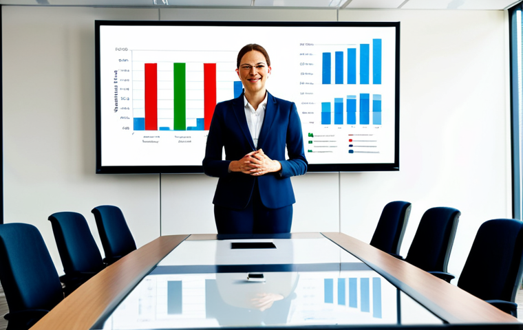 A professional environmental manager, gender-neutral, in their late 30s to early 40s, dressed in a sharp, modest business suit, fully clothed, appropriate attire, professional dress. They stand confidently at the head of a polished conference table in a bright, modern office boardroom. Large screens behind them display clear, vibrant charts and graphs related to sustainable business performance and ESG metrics. The background shows a subtle, blurred cityscape, suggesting a leading regional corporate environment. Their posture is open and engaging, indicating active leadership and strategic vision, conveying innovation and the strategic integration of environmental principles. Perfect anatomy, correct proportions, natural pose, well-formed hands, proper finger count, natural body proportions, professional photography, high quality, safe for work, appropriate content, family-friendly.