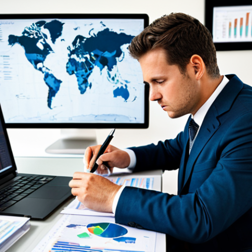 A focused environmental professional, fully clothed in a modest business suit, sitting at a clean, modern desk. The desk is surrounded by environmental reports and a laptop displaying complex data visualizations and GIS maps. The professional is deeply engrossed in thought, holding a pen, analyzing a challenging environmental scenario with a determined and calm expression. Professional photography, sharp focus, vibrant colors, high detail, perfect anatomy, correct proportions, natural pose, well-formed hands, proper finger count, natural body proportions, safe for work, appropriate content, modest, family-friendly.