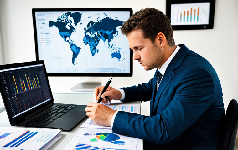A focused environmental professional, fully clothed in a modest business suit, sitting at a clean, modern desk. The desk is surrounded by environmental reports and a laptop displaying complex data visualizations and GIS maps. The professional is deeply engrossed in thought, holding a pen, analyzing a challenging environmental scenario with a determined and calm expression. Professional photography, sharp focus, vibrant colors, high detail, perfect anatomy, correct proportions, natural pose, well-formed hands, proper finger count, natural body proportions, safe for work, appropriate content, modest, family-friendly.