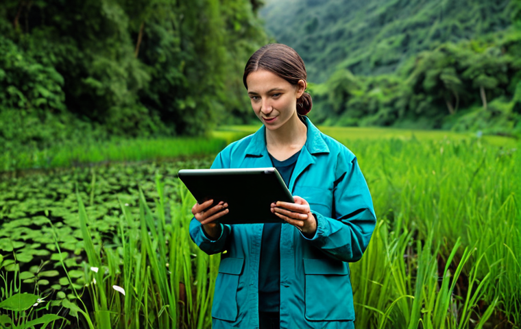 ** "A professional female environmental scientist wearing modest field attire, holding a tablet displaying EIA data, standing in a lush, green watershed area, fully clothed, appropriate content, safe for work, perfect anatomy, natural pose, high-resolution photography, professional, family-friendly." **