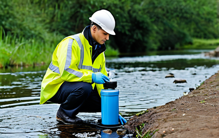 **Government Environmental Official:** "A professional environmental compliance officer, fully clothed in modest professional attire, inspecting a water sample in a clean outdoor setting with environmental monitoring equipment, safe for work, appropriate content, perfect anatomy, correct proportions, natural pose, professional photography, high quality."