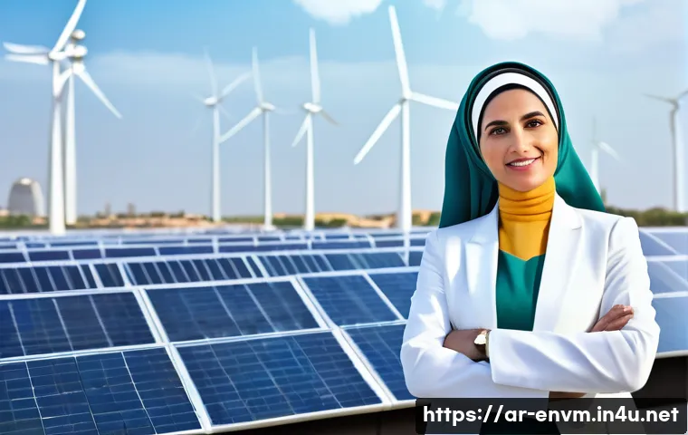 환경관리사와 관련된 국제 협력 사례 - **Prompt:** A dynamic, inspiring image of a visionary Arab environmental leader, a woman in her 40s,...