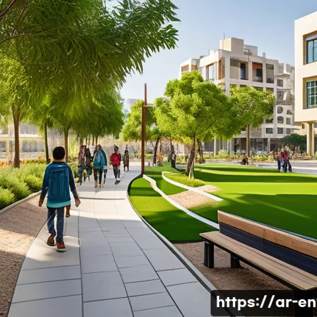 환경관리사와 도시계획 연계 사례 - A vibrant urban park in a modern Middle Eastern city featuring lush green spaces with native drought...