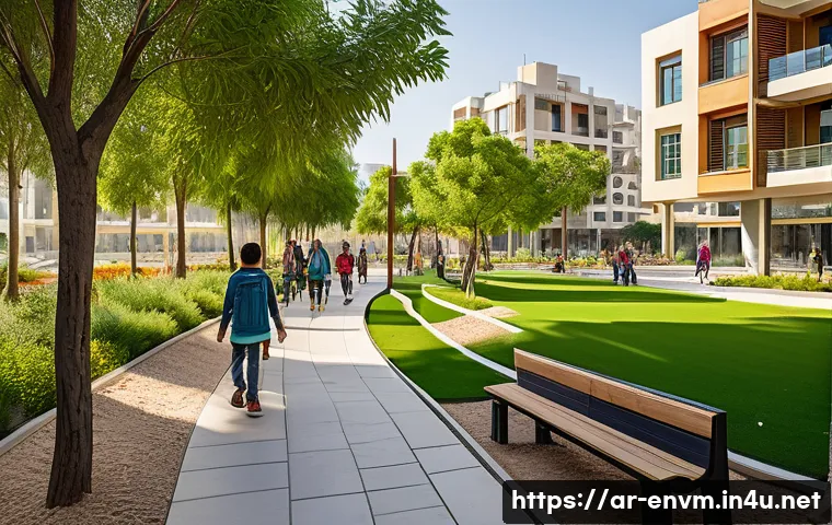 환경관리사와 도시계획 연계 사례 - A vibrant urban park in a modern Middle Eastern city featuring lush green spaces with native drought...
