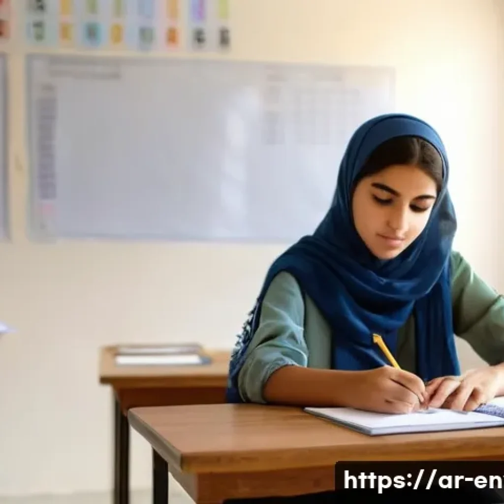환경관리사 시험에서 시간 분배 방법 - A modern Arab student sitting at a wooden desk in a bright, quiet classroom, attentively organizing ...