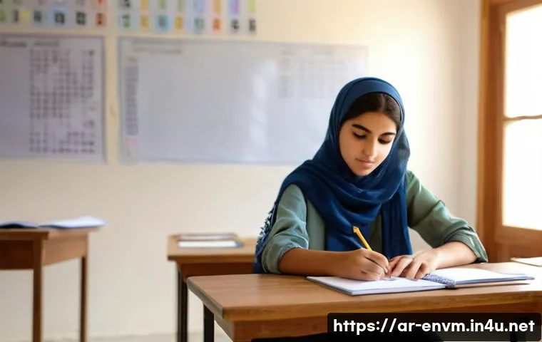 환경관리사 시험에서 시간 분배 방법 - A modern Arab student sitting at a wooden desk in a bright, quiet classroom, attentively organizing ...