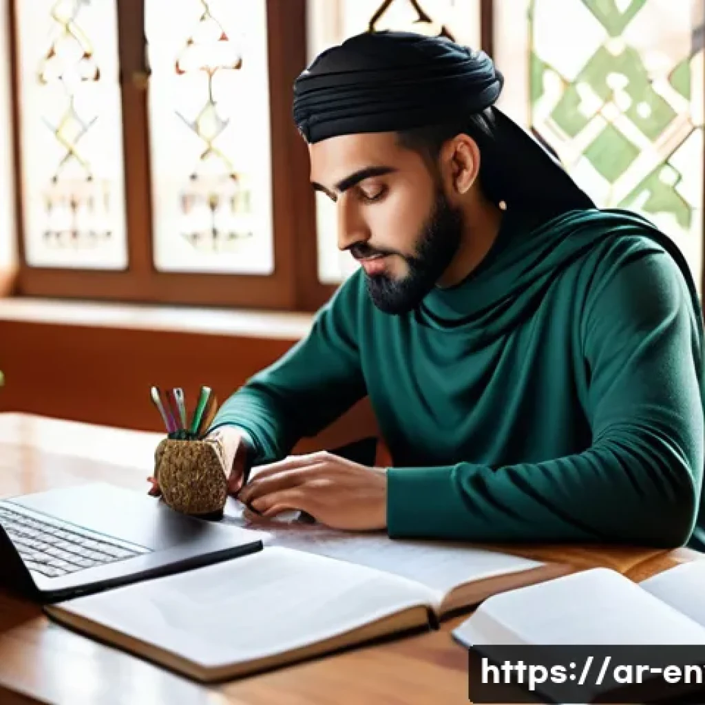 환경관리사 시험에서 합격률 높이는 요령 - A focused Middle Eastern young adult studying at a traditional wooden desk with Arabic environmental...
