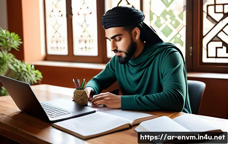환경관리사 시험에서 합격률 높이는 요령 - A focused Middle Eastern young adult studying at a traditional wooden desk with Arabic environmental...