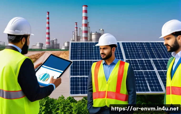환경관리사와 협력업체의 역할 - A modern corporate environmental risk assessment scene in an Arabic-speaking industrial city, featur...