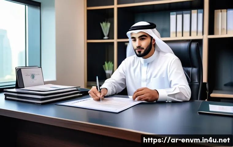 환경관리사 시험 접수 방법 - A professional Arab man in formal attire sitting at a modern desk, carefully organizing official doc...
