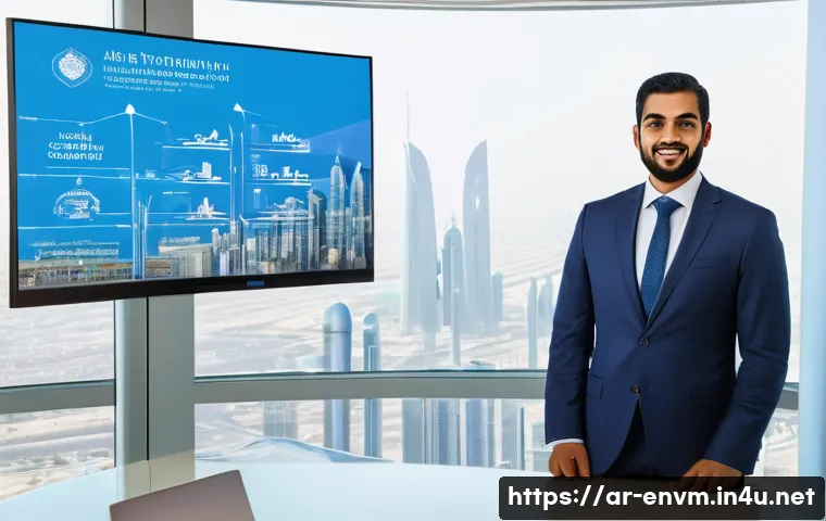 환경관리사 자격증 활용 사례 - A professional Arab environmental manager in formal attire standing confidently in a modern governme...