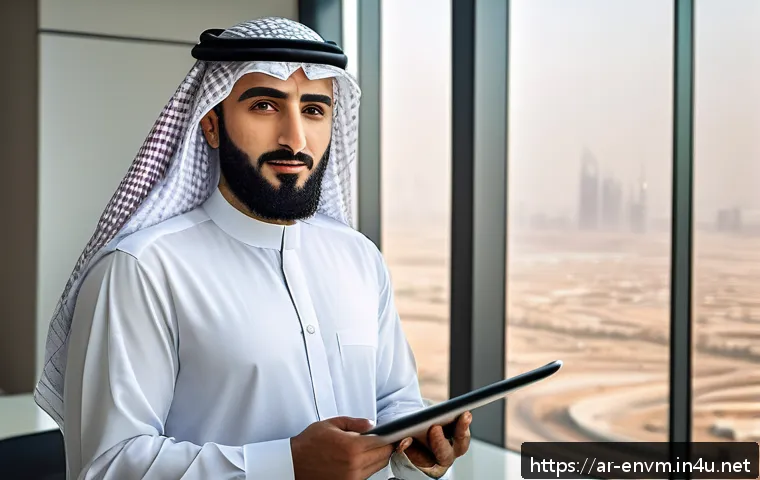 환경관리사 자격증으로 얻은 개인적인 성공 사례 - A professional Arab environmental manager in formal business attire, standing confidently in a moder...