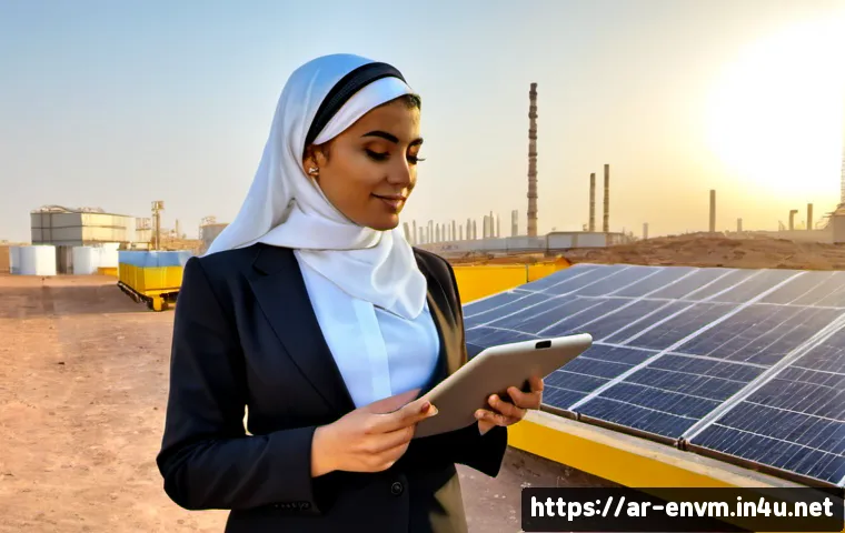 환경관리사 관련 업계 동향 분석 - Photorealistic environmental management professional in modest business attire and headscarf, standi...
