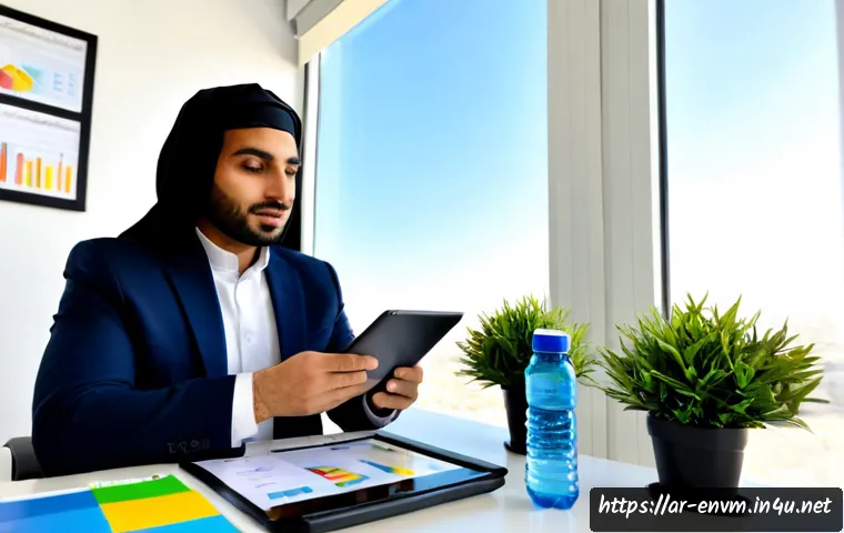 환경관리사 실무에서 업무 효율을 높이는 법 - Photorealistic Arab environmental manager in a bright modern office, efficiently organizing a clean ...